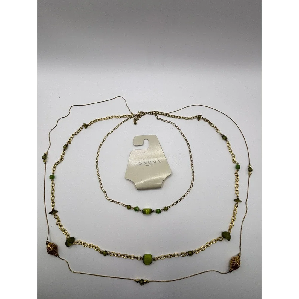 Sonoma Goods for Life Gold Tone Layered Necklace Green Beads Filigree 36 Inch
